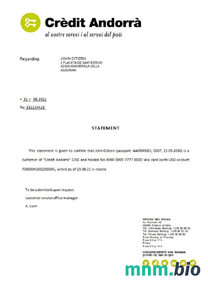 Andorra Credit Andorra Bank closure reference example in Word and PDF formats